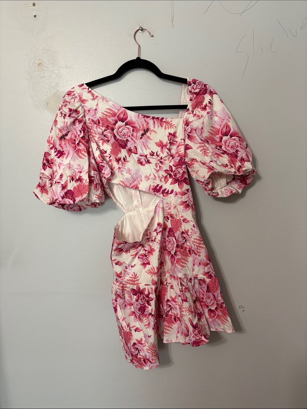 Hello Molly Pink Floral Cutout Mini Dress Puff Sleeve Cottagecore USA 4 - Picture 2 of 5